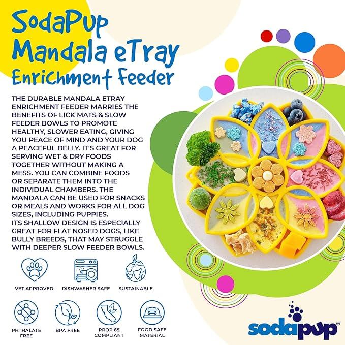 Sodapup Mandala Yellow eTray Slow Feeder Tray Made in USA from Non-Toxic, Pet-Safe, Food Safe Material for Mental Stimulation, Calming, Avoiding Overfeeding, Slow Eating, Healthy Digestion