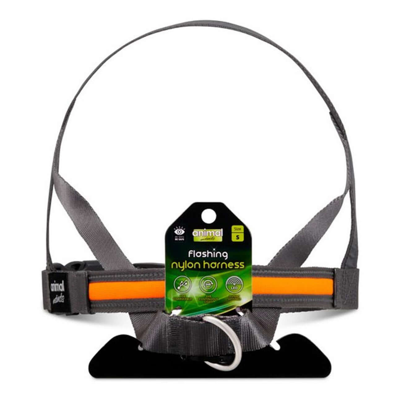Animal Instincts Flashing Safety USB Full Shine Nylon Harness Grey/Orange L 90cm