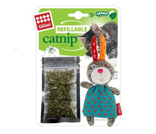 GiGwi Refillable Rabbit Ziplock Cat Toy With x3 Catnip Bags Blue